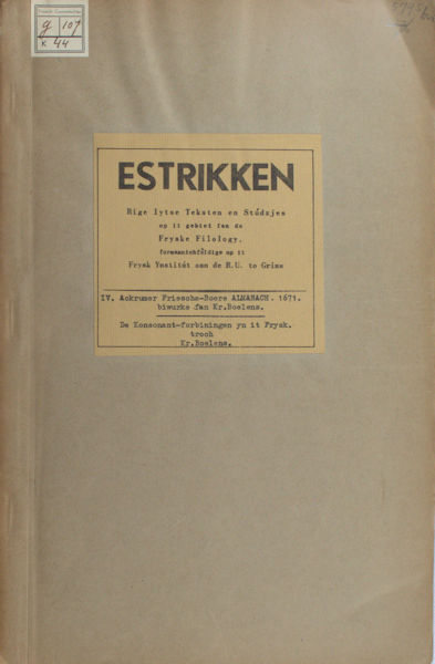 Boelens, Kr. I: Ackrumer Friesche-Boere Almanach,1672, biwurke fan... II: De Konsonant-forbiningen yn it Frysk forlike mei dy fan it Ingels en it Nederlânsk.