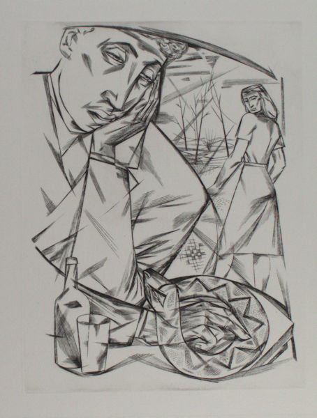 Strik, Lou. Treurende man, met fles en glas, om een verloren vrouw.