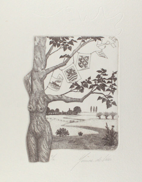 Vries, Yvonne de. Boom als naakte vrouw met polderlandschap.