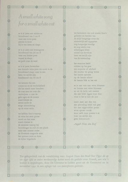 Boef, August Hans. A small white song for a small white cat.