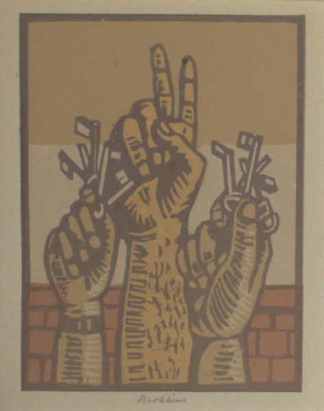 Blokhuis, Henk Drie handen met vredesteken en sleutels.