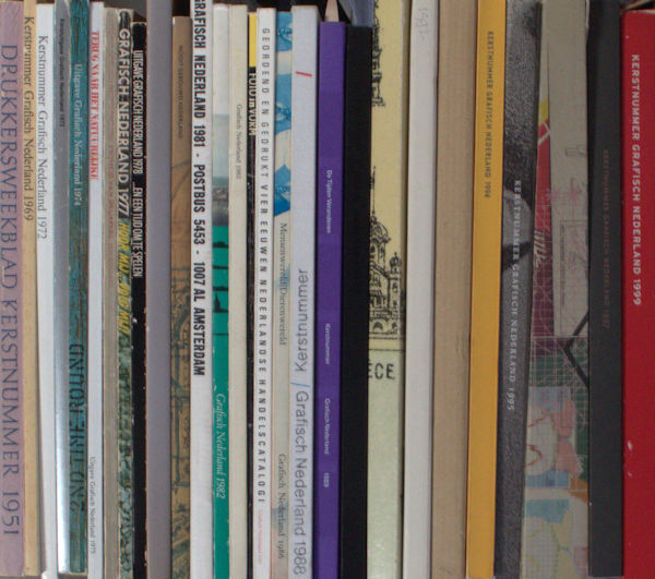 Kerstnummer Grafisch Nederland 1951, 1969, 1972, 1973, 1975, 1976, 1977, 1978, 1979, 1980, 1981, 1982, 1983, 1984,1985, 1986, 1988, 1989, 1990, 1991, 1992, 1993, 1994, 1995, 1996, 1997, 1999.