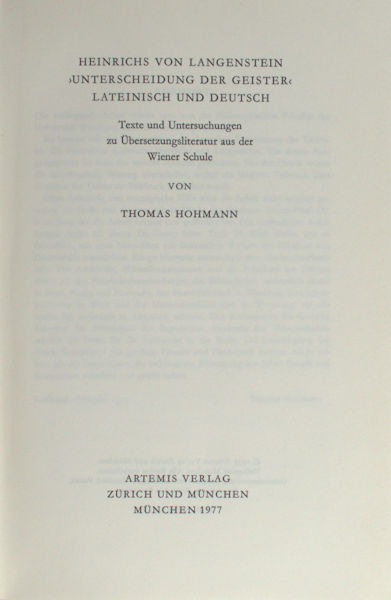 Hohmann, Thomas (Hg.). Heinrichs von Langenstein 'Unterscheidung der Geister', Lateinisch und Deutsch.