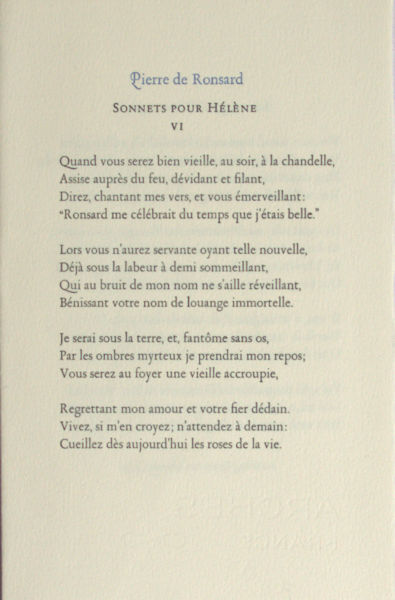 Ronsard, Pierre de. Sonnets pour Hélène VI.