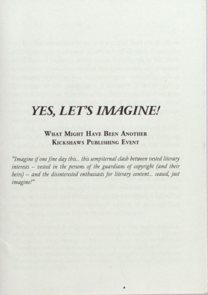Crombie, John. Yes, let's imagine! What might have been another Kickshaws publishing event.