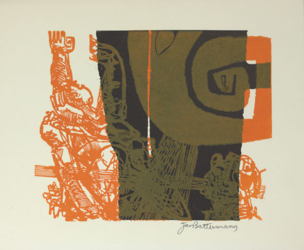 Battermann, Jan. Abstracte compositie met dramatisch realistische elementen.