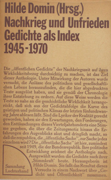 Domin, Hilde (Herausg.). Nachkrieg und Unfrieden. Gedichte als Index 1945-1970.