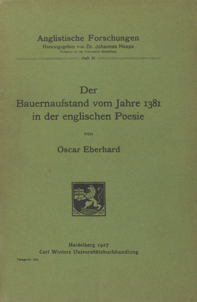 Eberhard, Oscar. Der Bauernaufstand vom Jahre 1381 in der englischen Poesie.